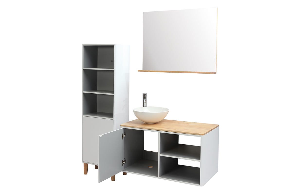 Badezimmermbel mit Sule und Spiegel MDF Wei und Holz (ohne Waschbecken) LATA
