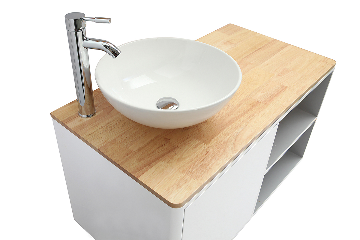 Badezimmermbel mit Sule und Spiegel MDF Wei und Holz (ohne Waschbecken) LATA