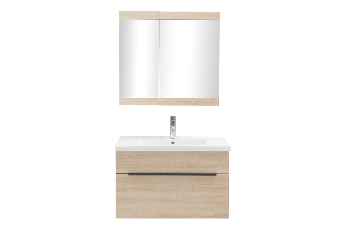 Badezimmermbel mit Waschbecken, Spiegel und Ablageflchen helles Holz SEASON