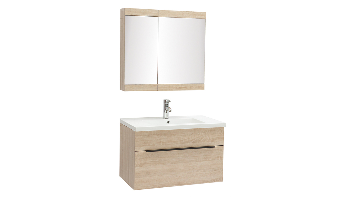 Badezimmermbel mit Waschbecken, Spiegel und Ablageflchen helles Holz SEASON