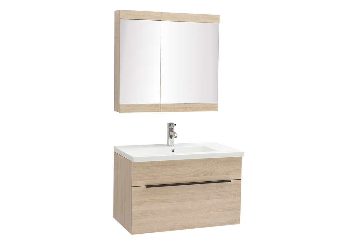 Badezimmermbel mit Waschbecken, Spiegel und Ablageflchen helles Holz SEASON