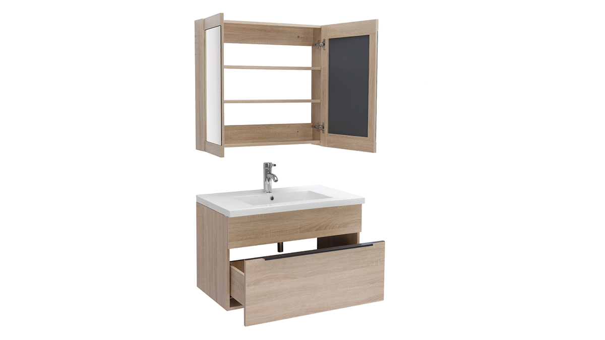 Badezimmermbel mit Waschbecken, Spiegel und Ablageflchen helles Holz SEASON