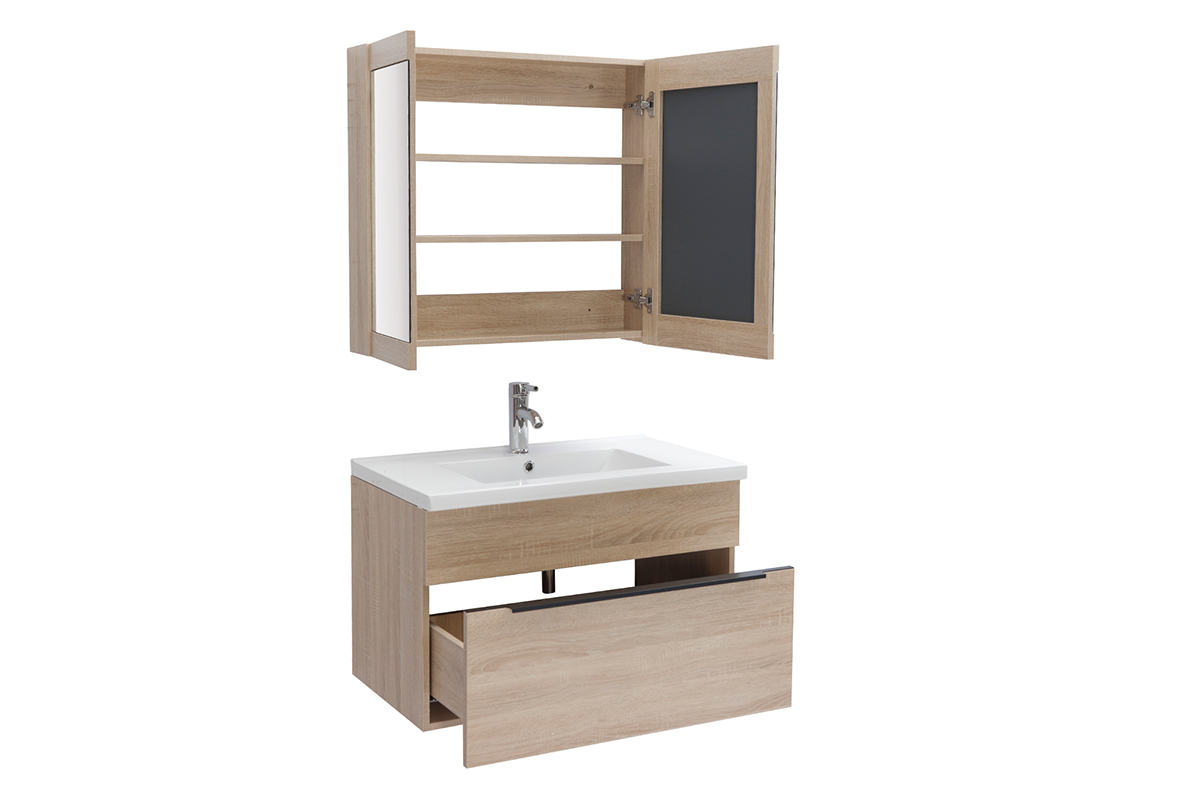 Badezimmermbel mit Waschbecken, Spiegel und Ablageflchen helles Holz SEASON