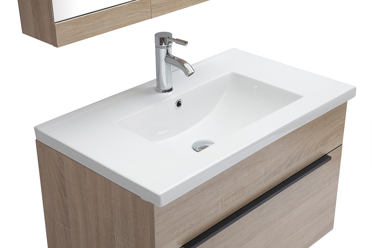 Badezimmermbel mit Waschbecken, Spiegel und Ablageflchen helles Holz SEASON