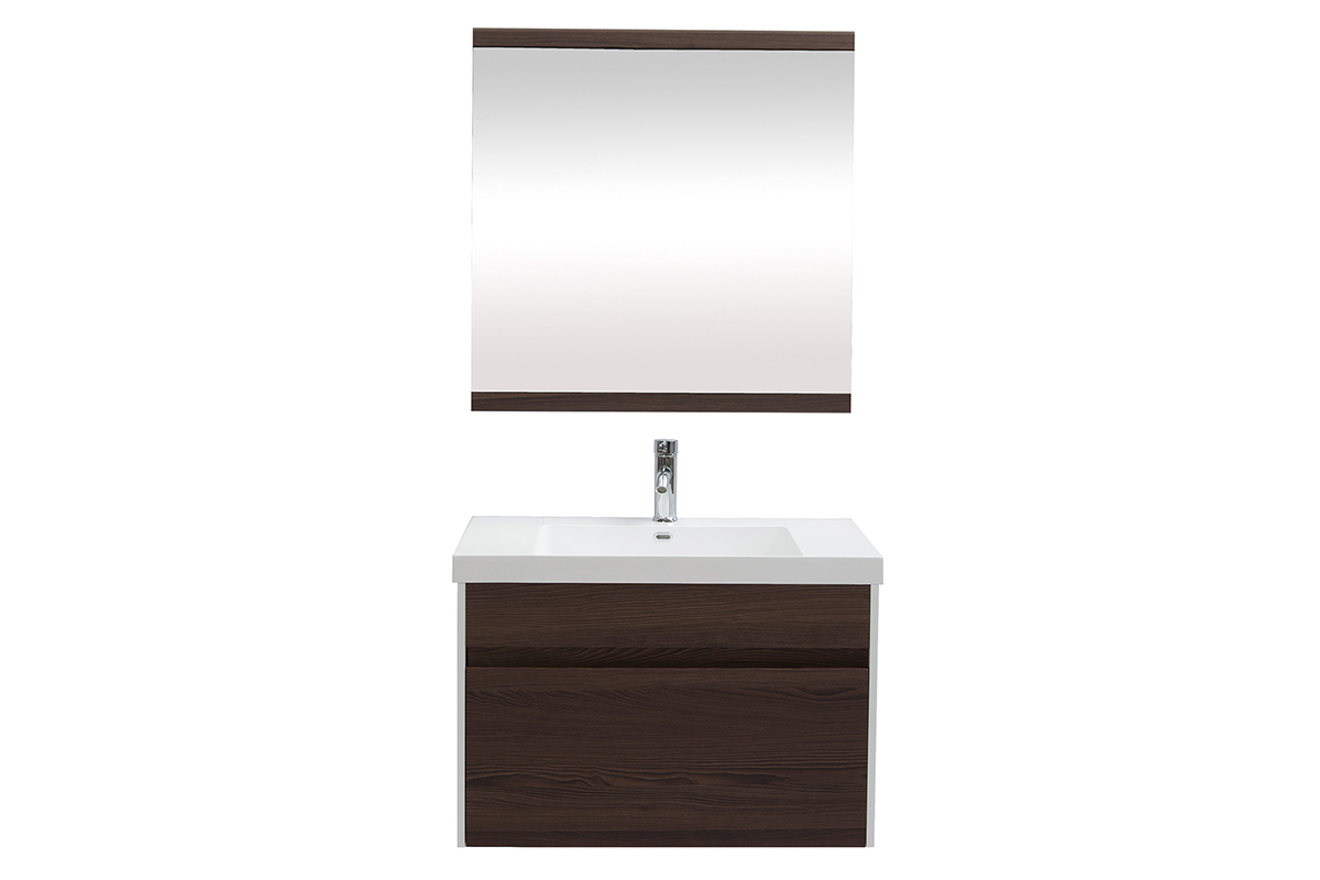 Badezimmermbel mit Waschbecken, Spiegel und Ablageflchen Wei und dunkles Holz GANFO