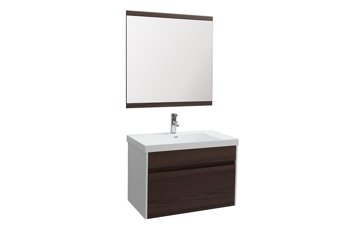 Badezimmermbel mit Waschbecken, Spiegel und Ablageflchen Wei und dunkles Holz GANFO