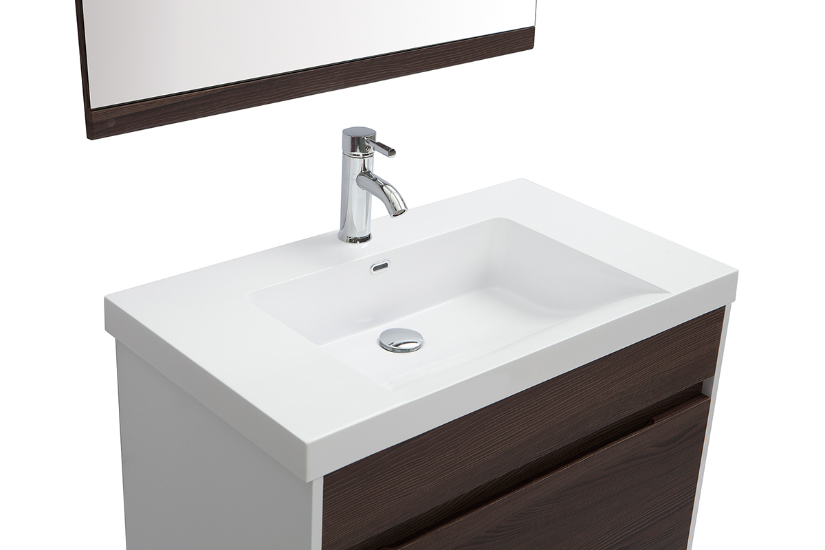 Badezimmermbel mit Waschbecken, Spiegel und Ablageflchen Wei und dunkles Holz GANFO