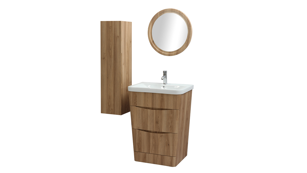Badezimmermbel und Sule Holz mit Waschbecken, Spiegel und Ablageflchen WILD
