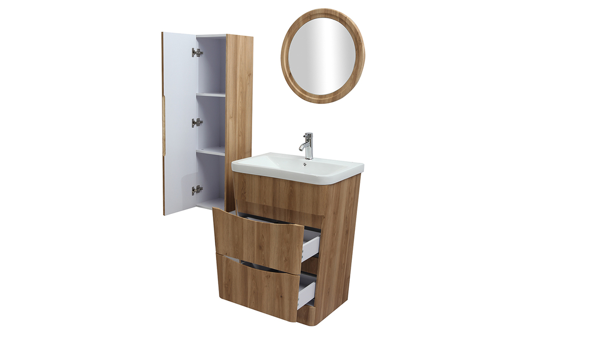 Badezimmermbel und Sule Holz mit Waschbecken, Spiegel und Ablageflchen WILD