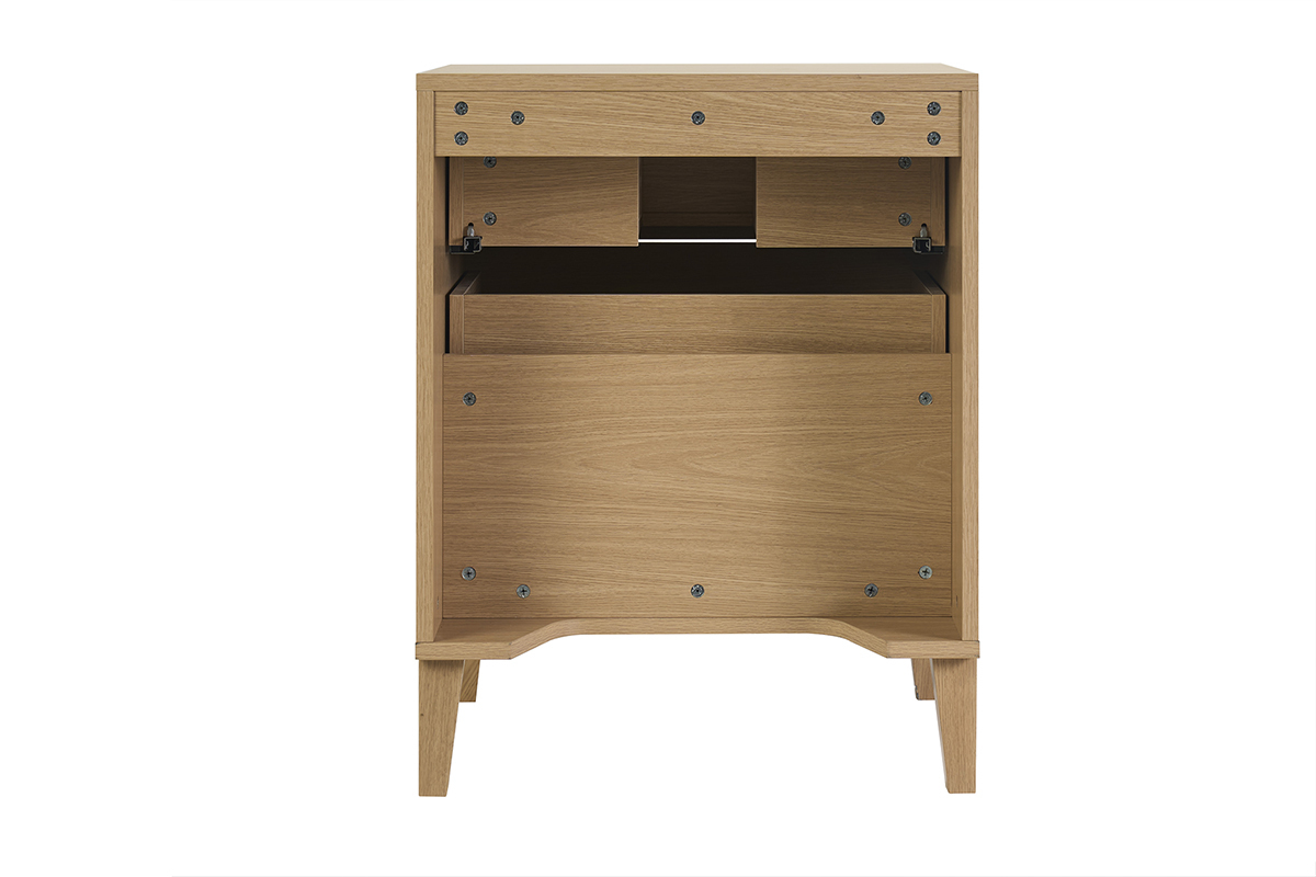 Badezimmerschrank aus Eichenholz, mit drei Schubladen, von hinten gesehen.