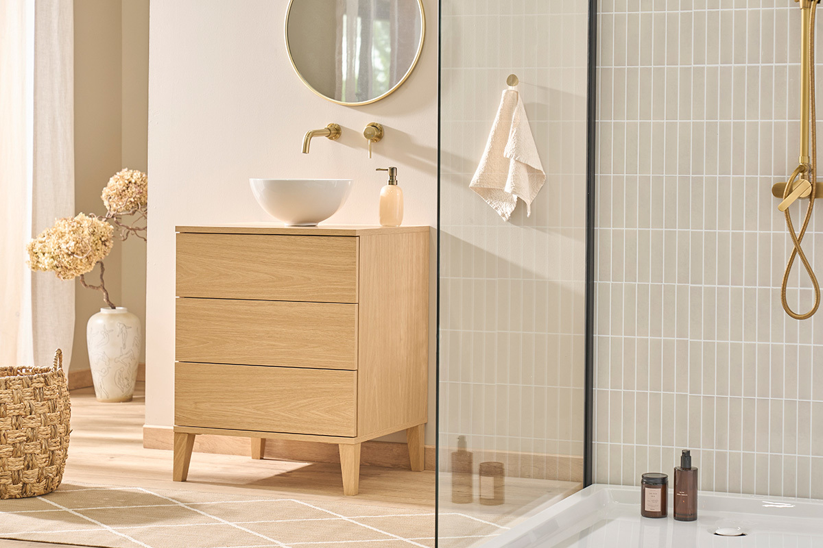 Badezimmerschrank mit Eiche-Holzoberfl�che B60 cm FREDDY