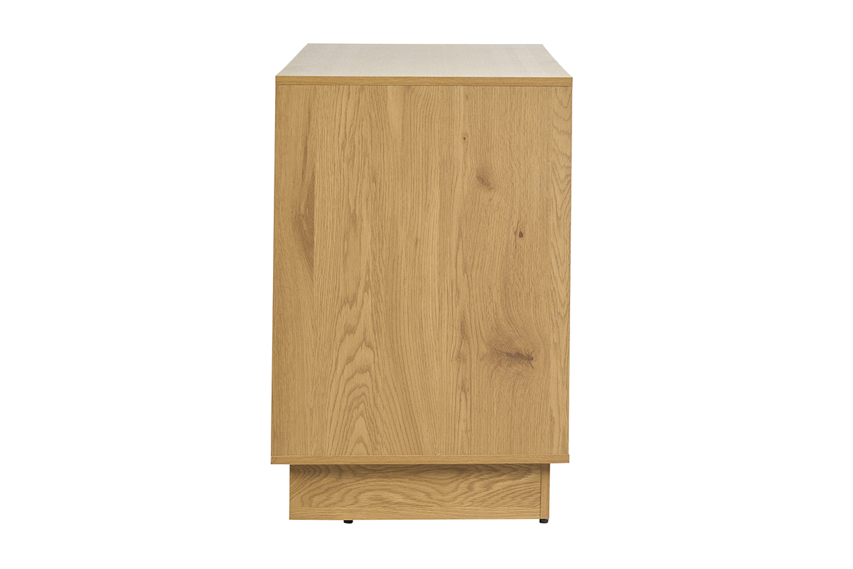 Badezimmerschrank aus hellem Eichenholz, Seitenansicht, mit Rattan-Geflecht.