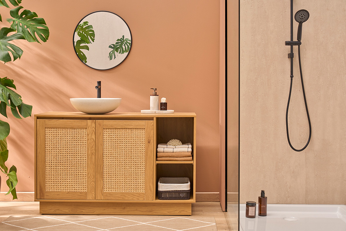 Badm�bel in heller Holzoptik, Eiche und Rattangeflecht B120 cm ALICANTE
