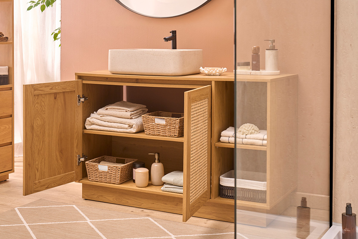 Badm�bel in heller Holzoptik, Eiche und Rattangeflecht B120 cm ALICANTE