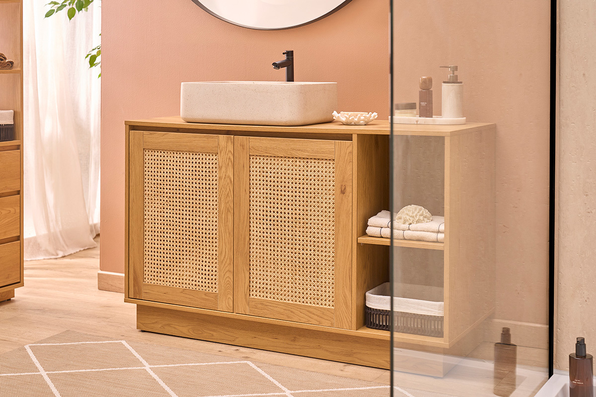 Badm�bel in heller Holzoptik, Eiche und Rattangeflecht B120 cm ALICANTE