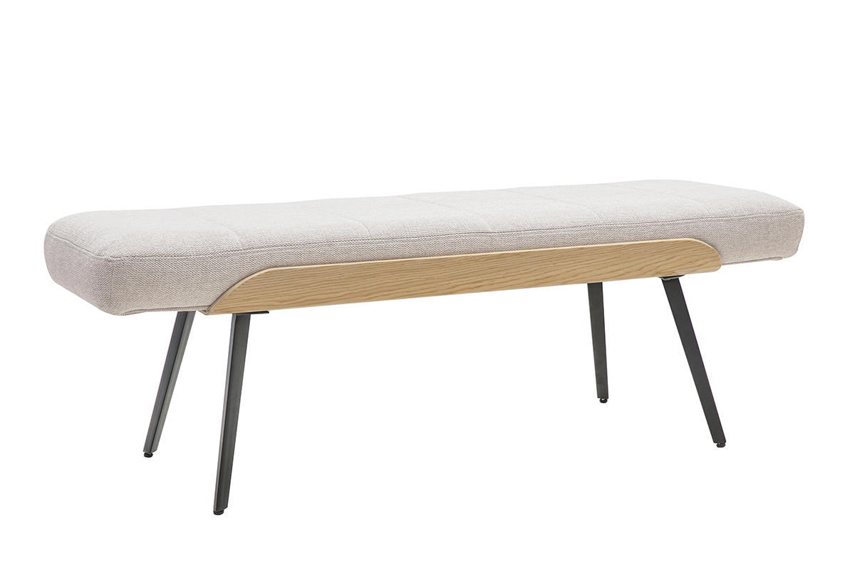 Beige Stoffbank mit Samteffekt auf schwarzen Metallbeinen und hellem Holz, 3/4-Ansicht