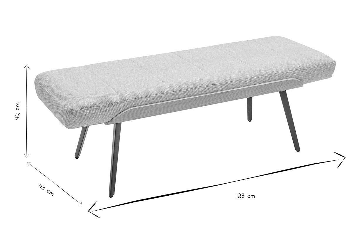 Beige Stoffbank mit den Ma�en: L123 cm, H42 cm, T43 cm in Schwarz und Wei�.