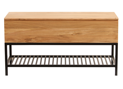 Bank für den Eingangsbereich mit Aufbewahrungsbox aus massivem Akazienholz und schwarz lackiertem Metall SORG