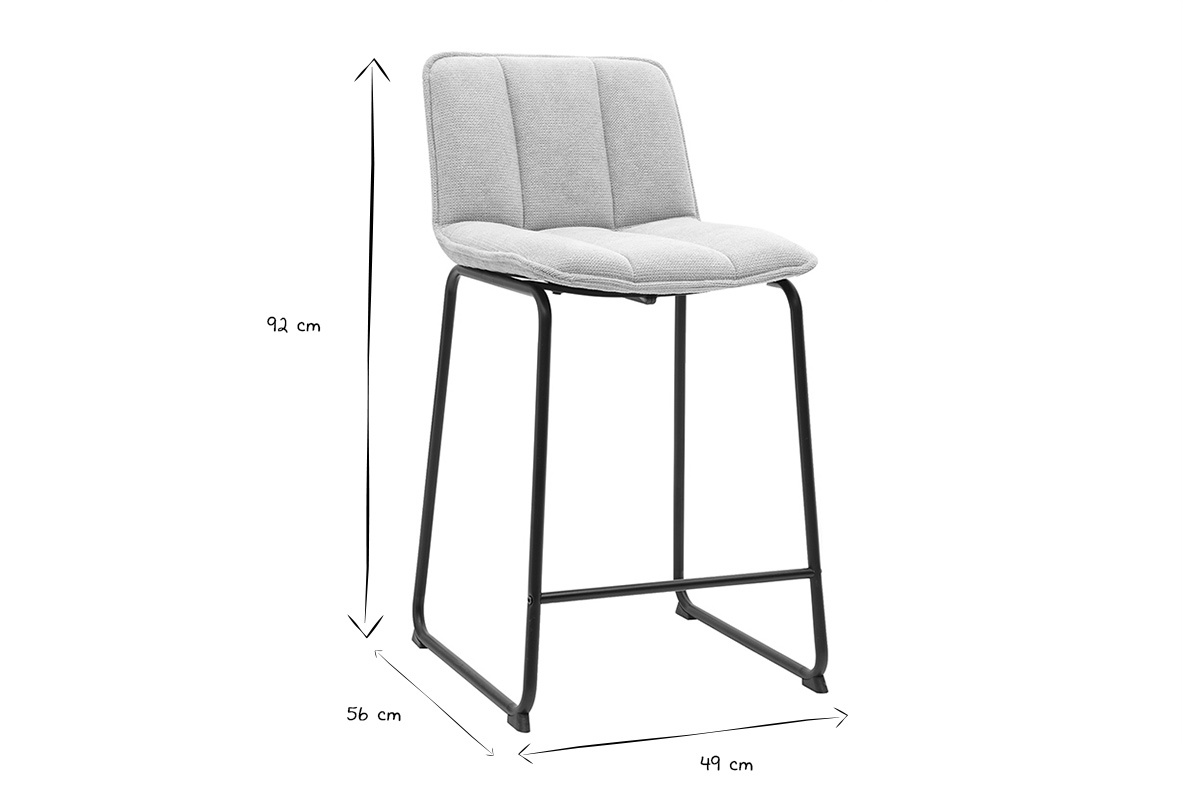 Barhocker aus beigem Chenille-Stoff und schwarzem Metall mit den Ma�en 49x56x92 cm in Schwarz und Wei�.
