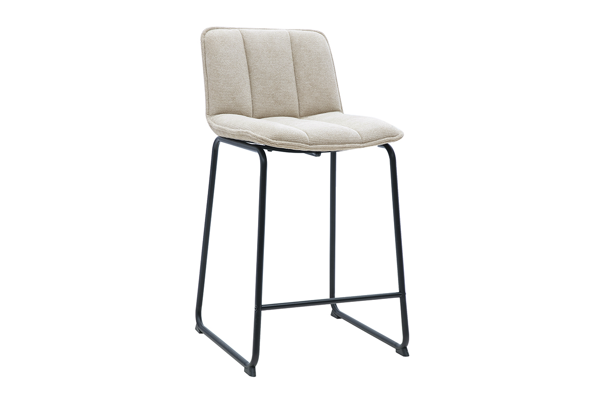Barhocker aus beigem Chenille-Stoff und schwarzem Metall, 3/4-Ansicht, H65,6 cm.