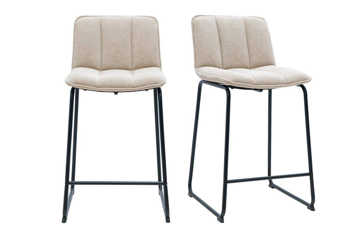 Barhocker aus beigem Chenille-Stoff und schwarzem Metall, Vorderansicht, 2er-Set, H�he H65,6 cm.