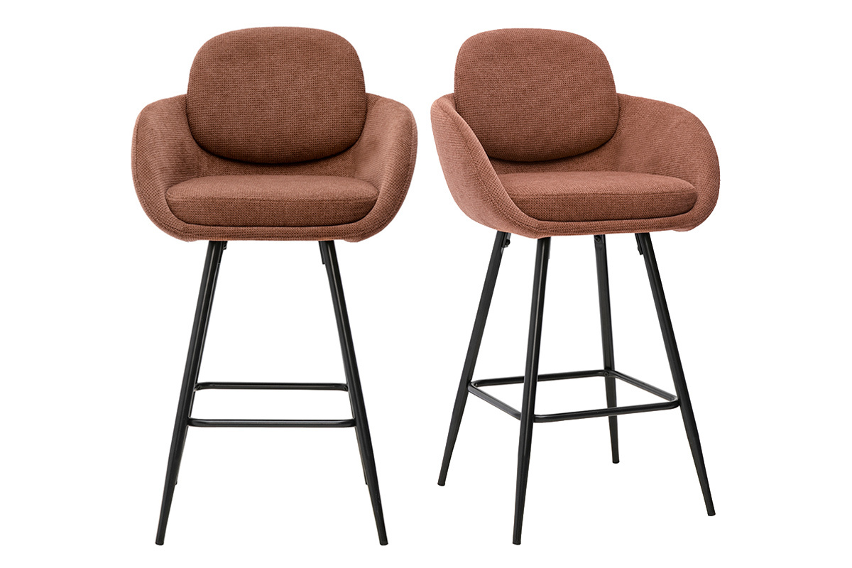 Barhocker aus Chenille-Stoff, branntes Terra und schwarzem Metall H68,5 cm (Set aus 2) SLAKE