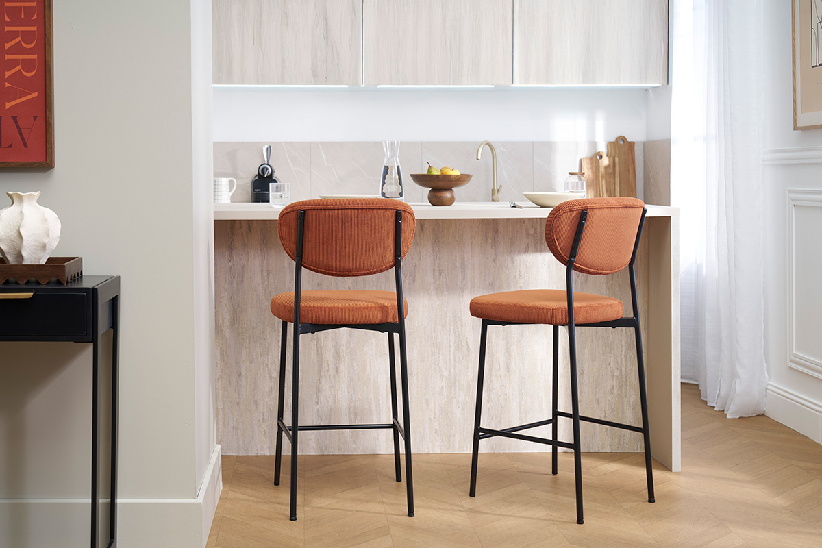 Barhocker aus Cord-Samt in gebrannter Erde H65 cm (2er-Set) BREKA