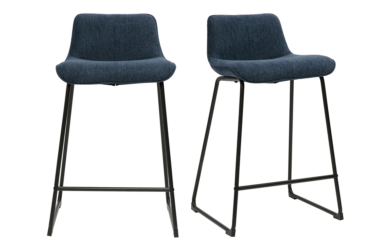 Barhocker aus dunkelblauem samtigem Stoff mit texturiertem Effekt und Metall H65 cm (2er-Set) BOOST