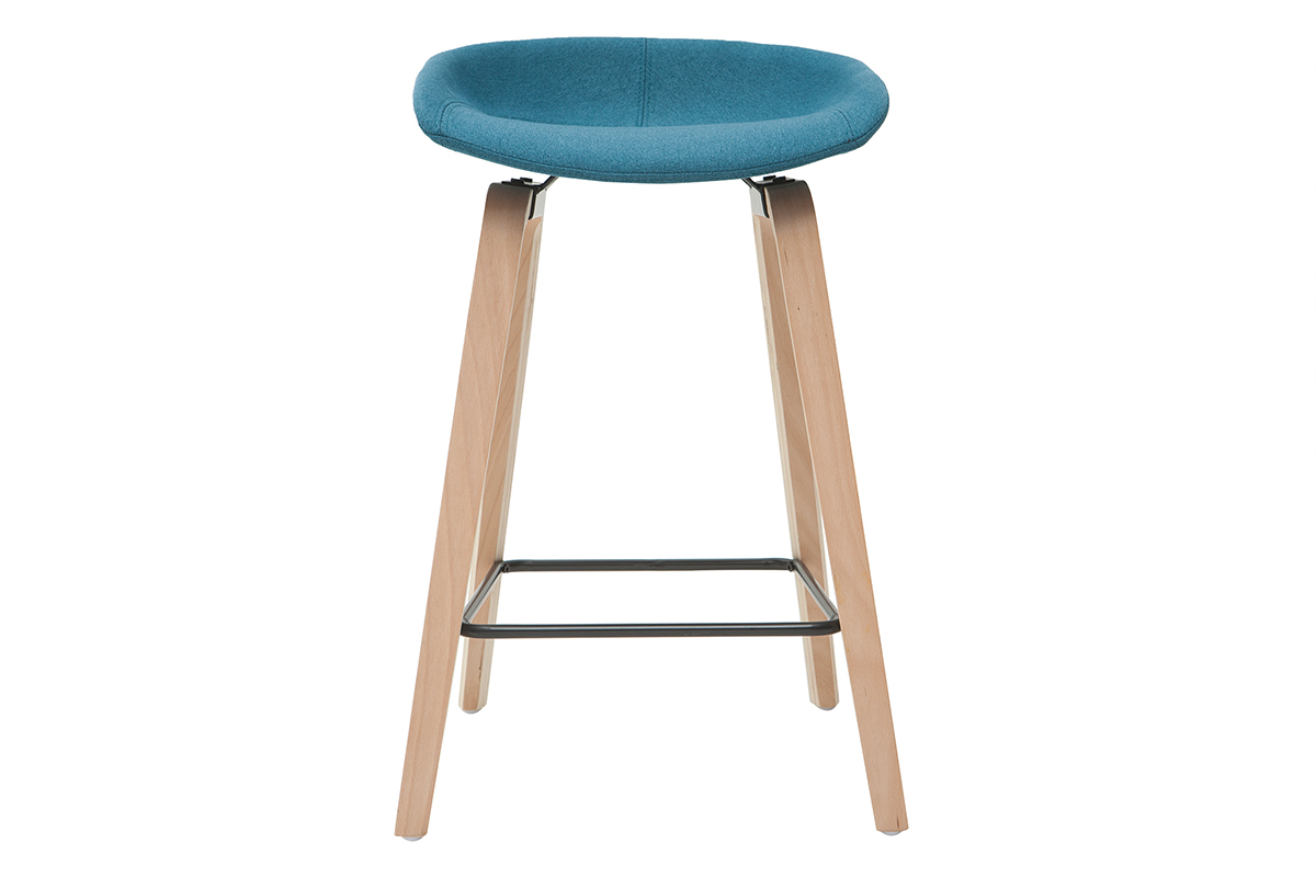 Barhocker aus enteblauem Stoff mit Holzbeinen H65 cm (2er-Satz) LINO