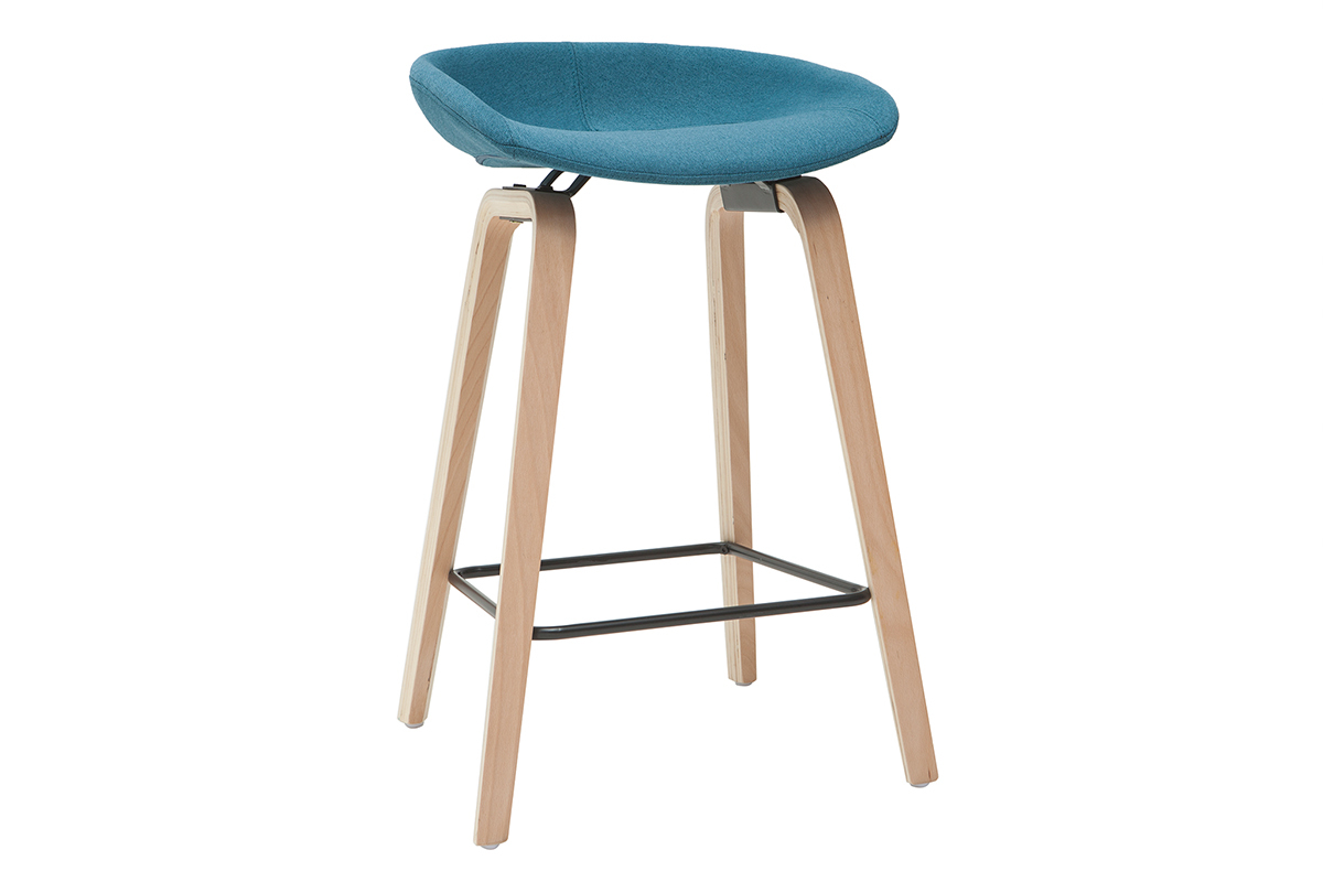 Barhocker aus enteblauem Stoff mit Holzbeinen H65 cm (2er-Satz) LINO