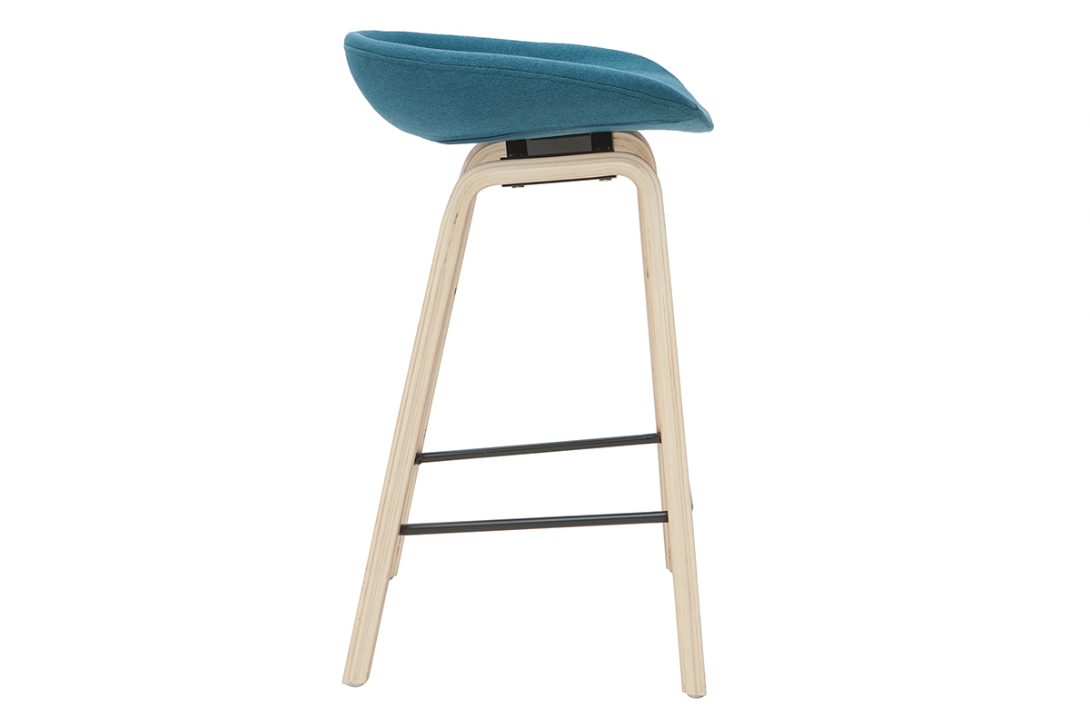 Barhocker aus enteblauem Stoff mit Holzbeinen H65 cm (2er-Satz) LINO