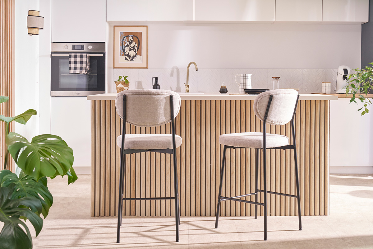 Barhocker aus festem Stoff mit texturiertem Samteffekt in Beige H65 cm (2er-Set) BREKA