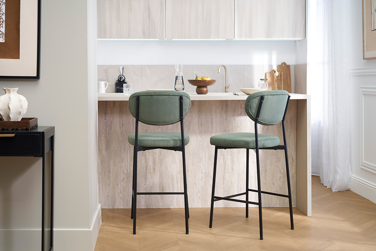 Barhocker aus gelbem Cord-Samt H65 cm (2er-Set) BREKA