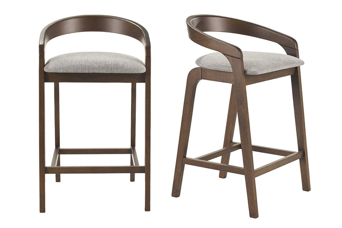 Zwei dunkelholzige graue Barhocker, Ansicht von vorne und im Profil.