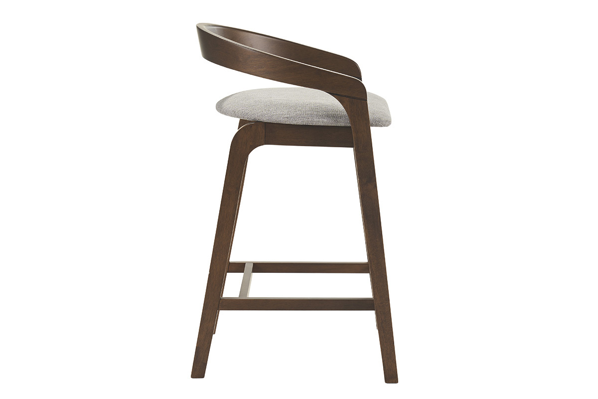 Grauer Barhocker mit dunkler Holzr�ckenlehne, Seitenansicht.