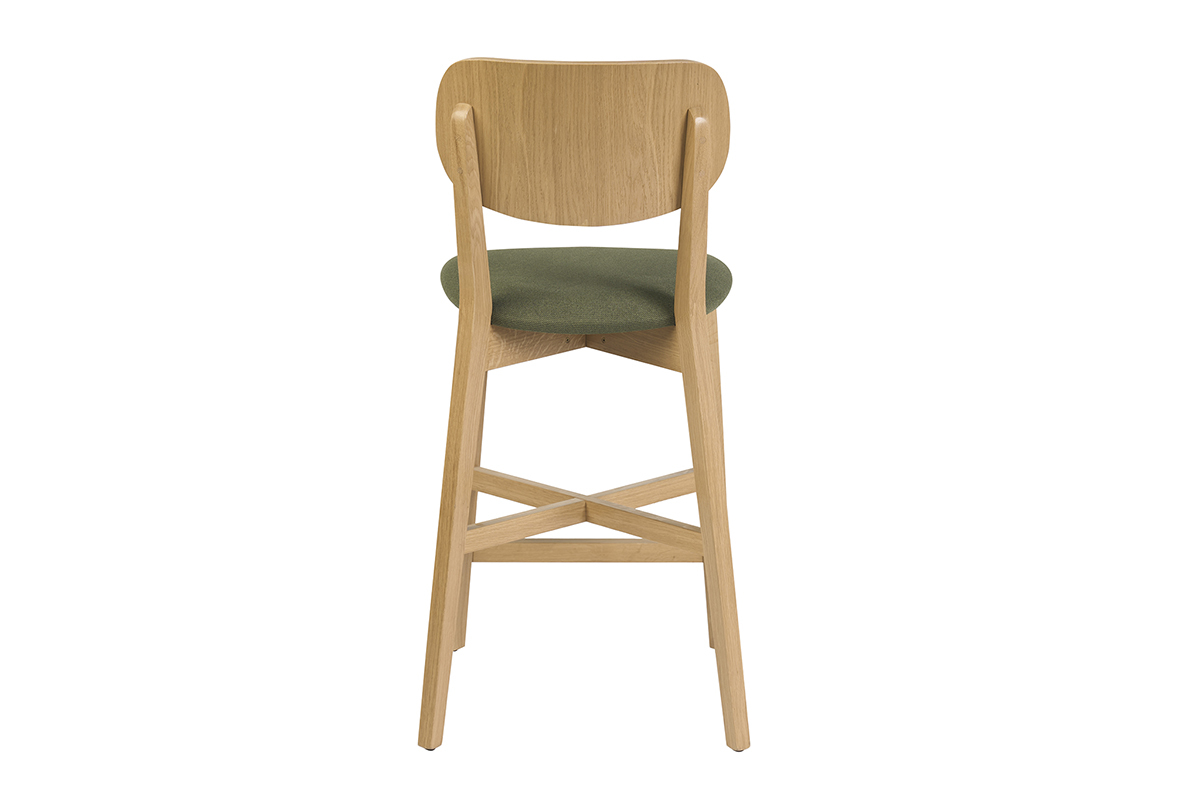 Barhocker LUCIA aus hellem Holz und khakigr�nem Stoff, R�ckansicht, H�he 65 cm.