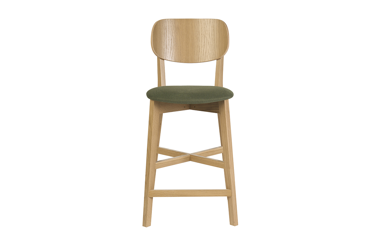 Barhocker aus hellem Holz und khakigr�nem Stoff, Vorderansicht, H�he 65 cm, moderner Stil.