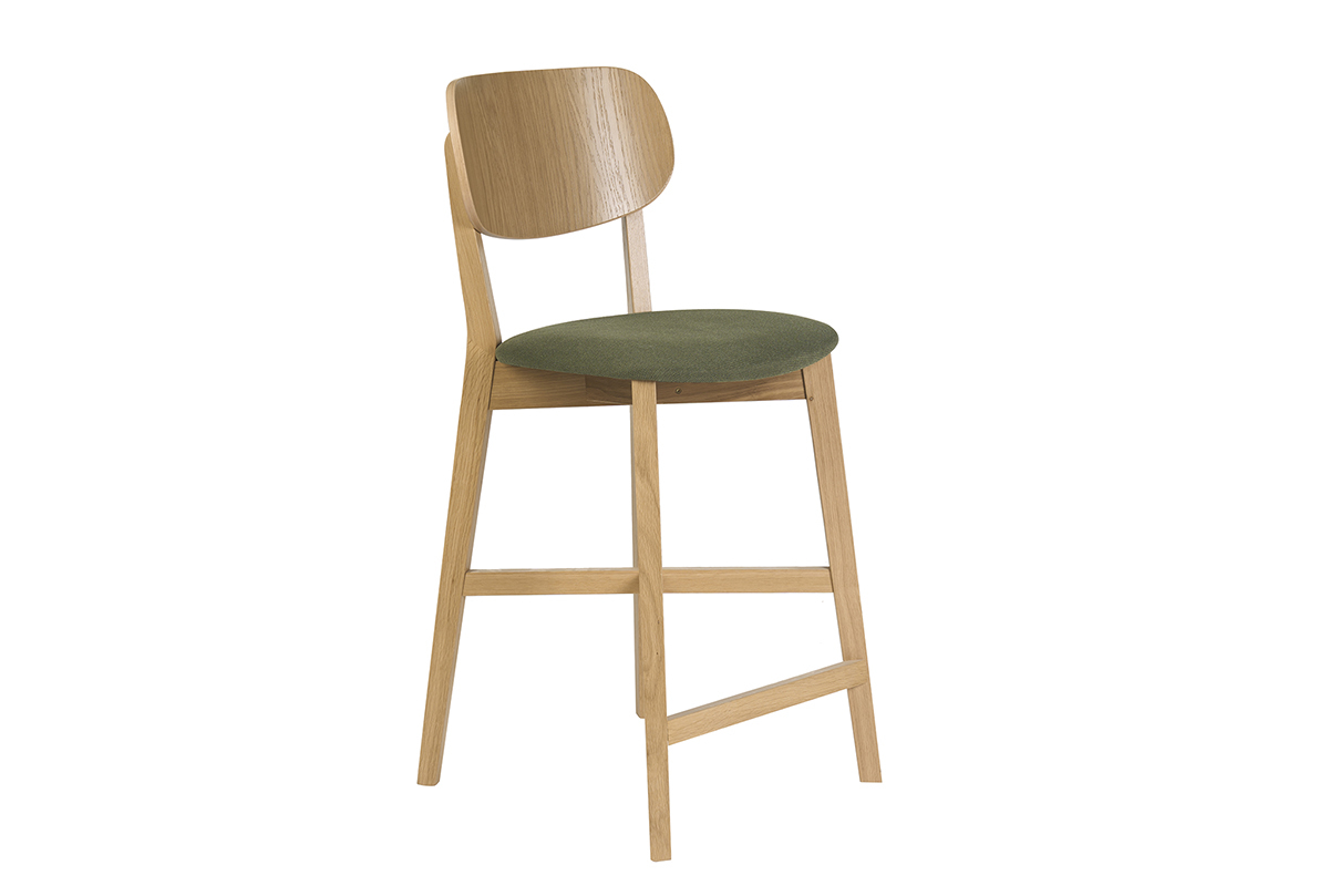 Barhocker aus hellem Eichenholz und olivgr�nem Stoff, 3/4-Ansicht, H�he 65 cm