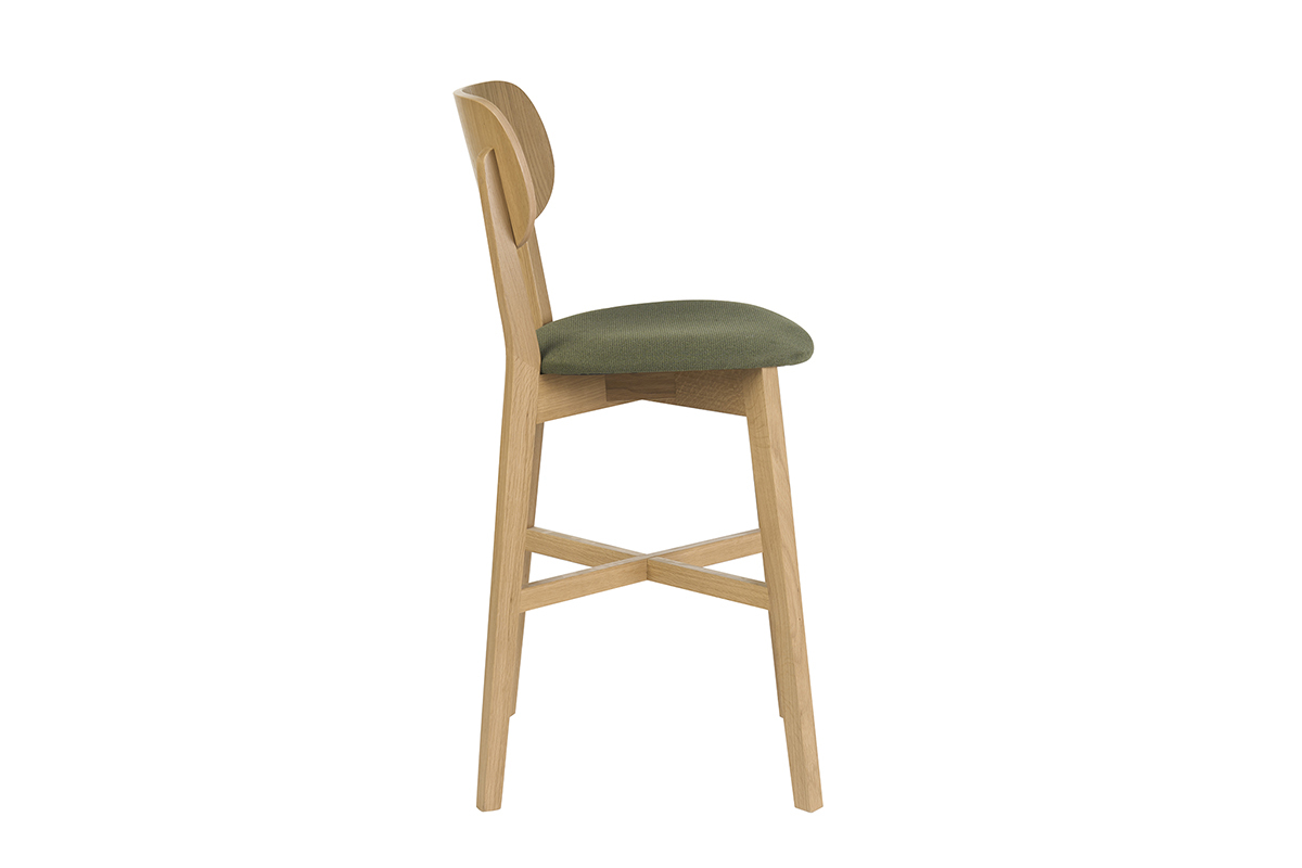 Barhocker H65 cm aus hellem Holz, Eiche und khakigr�nem Stoff, Seitenansicht.
