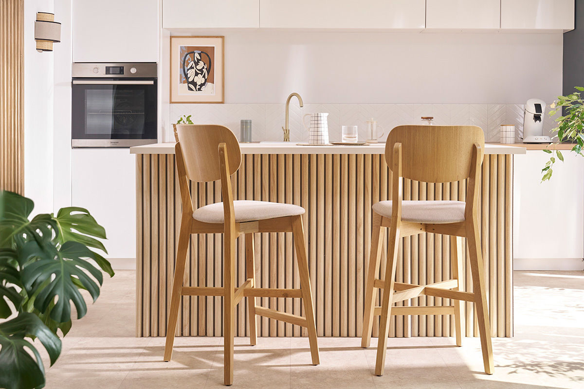 Barhocker aus hellem Eichenholz und Stoff mit Samteffekt Terracotta H65 cm (2er-Set) LUCIA
