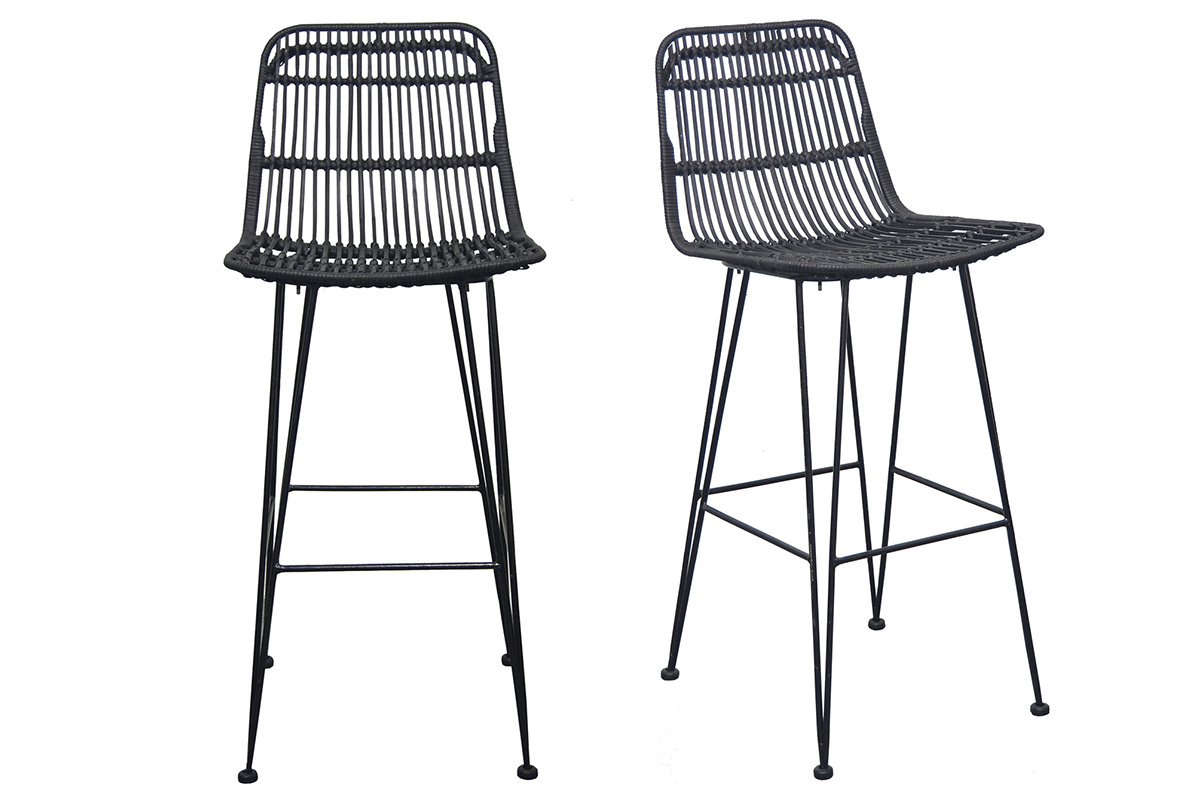 Barhocker aus Naturrattan Schwarz 2 Stk. MALACCA