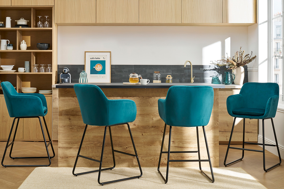 Barhocker aus petrol Stoff mit Samteffekt H65 cm (2er-Satz) AMIKA