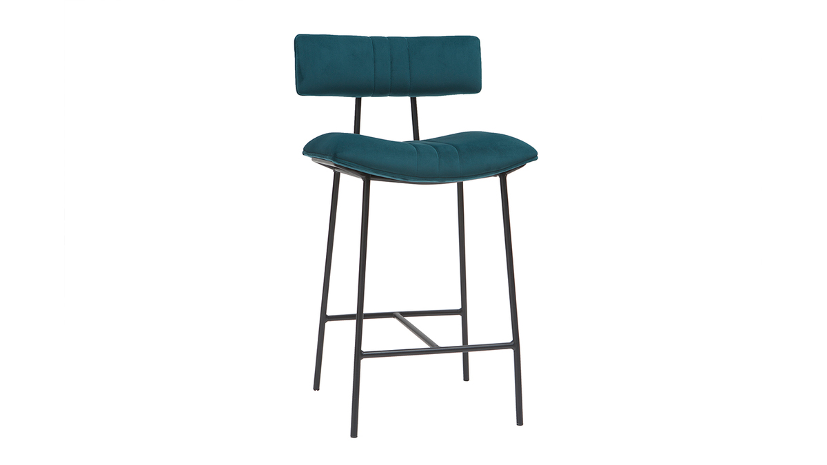 Barhocker aus petrolblauem Samt und Metall H65 cm GOTHAM