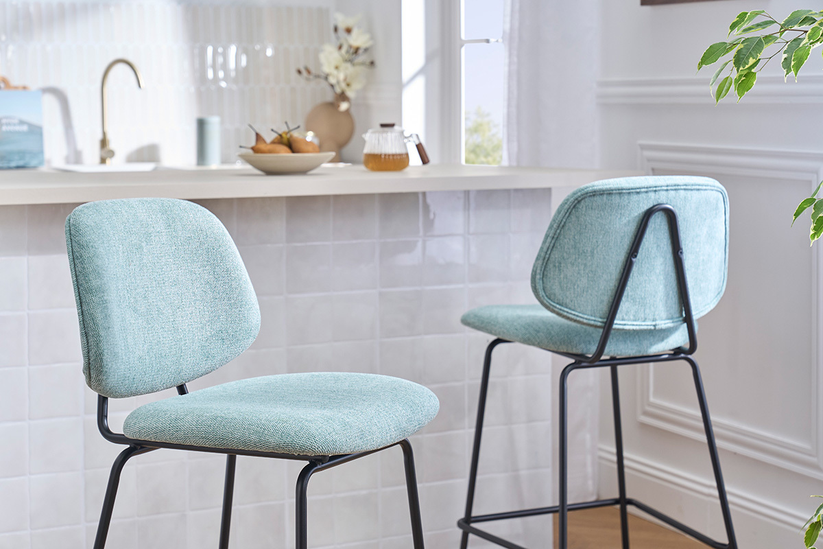 Barhocker aus Samt-Effekt-Textil in Celadon-Gr�n und Metall H66.5 cm BARNET (2er-Set)