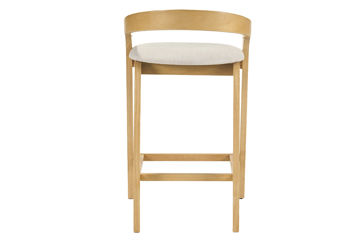 Hocker aus hellem Holz mit Sitzfl�che aus beigem Stoff, R�ckansicht.