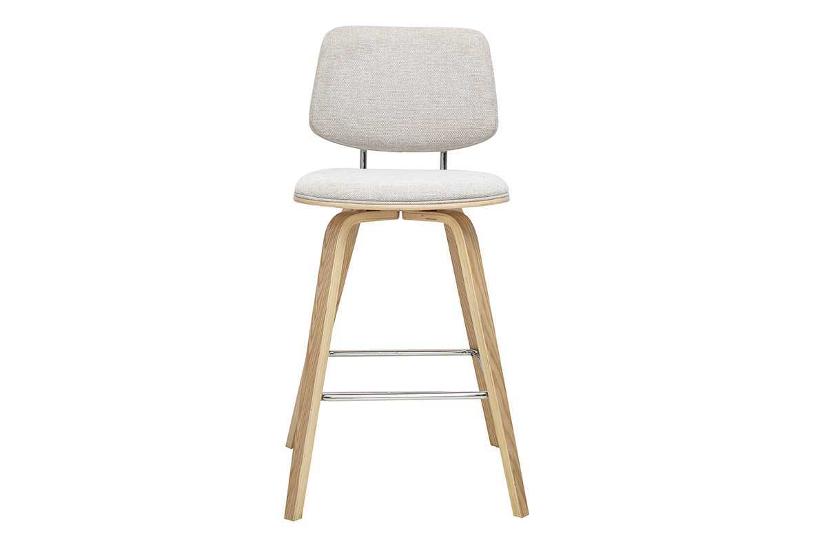 Beiger Barhocker aus Stoff mit Samteffekt, Vorderansicht mit Beinen aus hellem Holz.