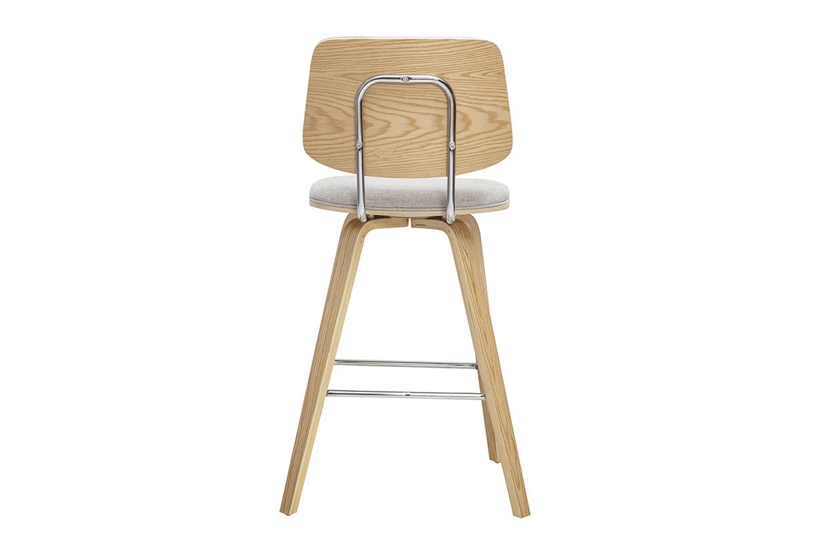 Barhocker SEGUR aus beigefarbenem Stoff und hellem Holz, Ansicht von hinten.
