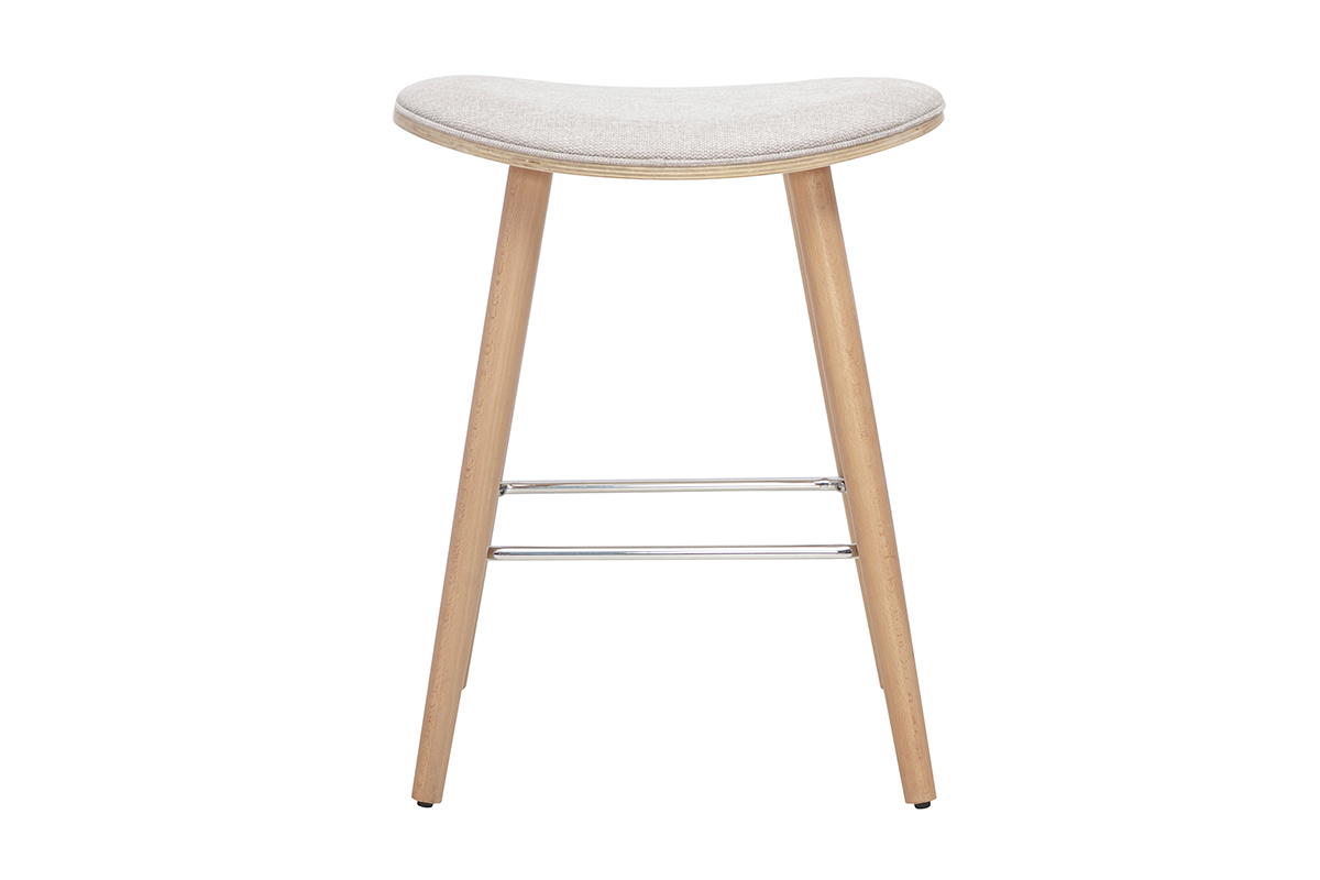 Barhocker aus beigem Stoff und hellem Holz, Vorderansicht.