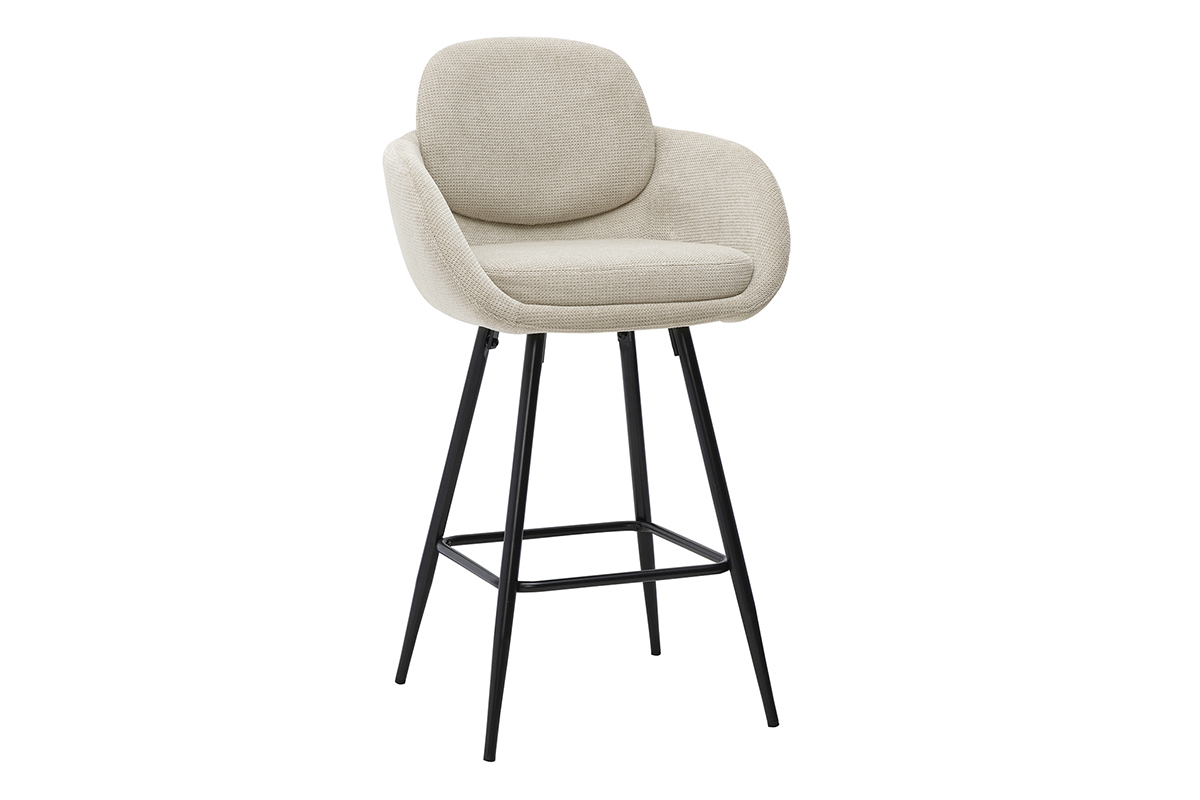 Beiger Barhocker aus gestepptem Samtstoff mit schwarzen Metallf��en, Ansicht im 3/4-Winkel