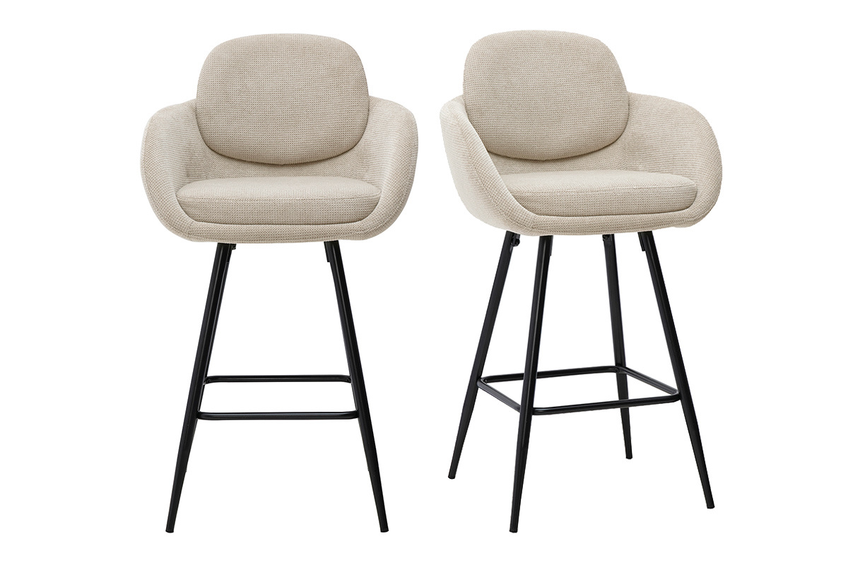 Set aus 2 Barhockern aus Stoff in Beige mit Velours-Effekt und schwarzem Metall, frontansicht